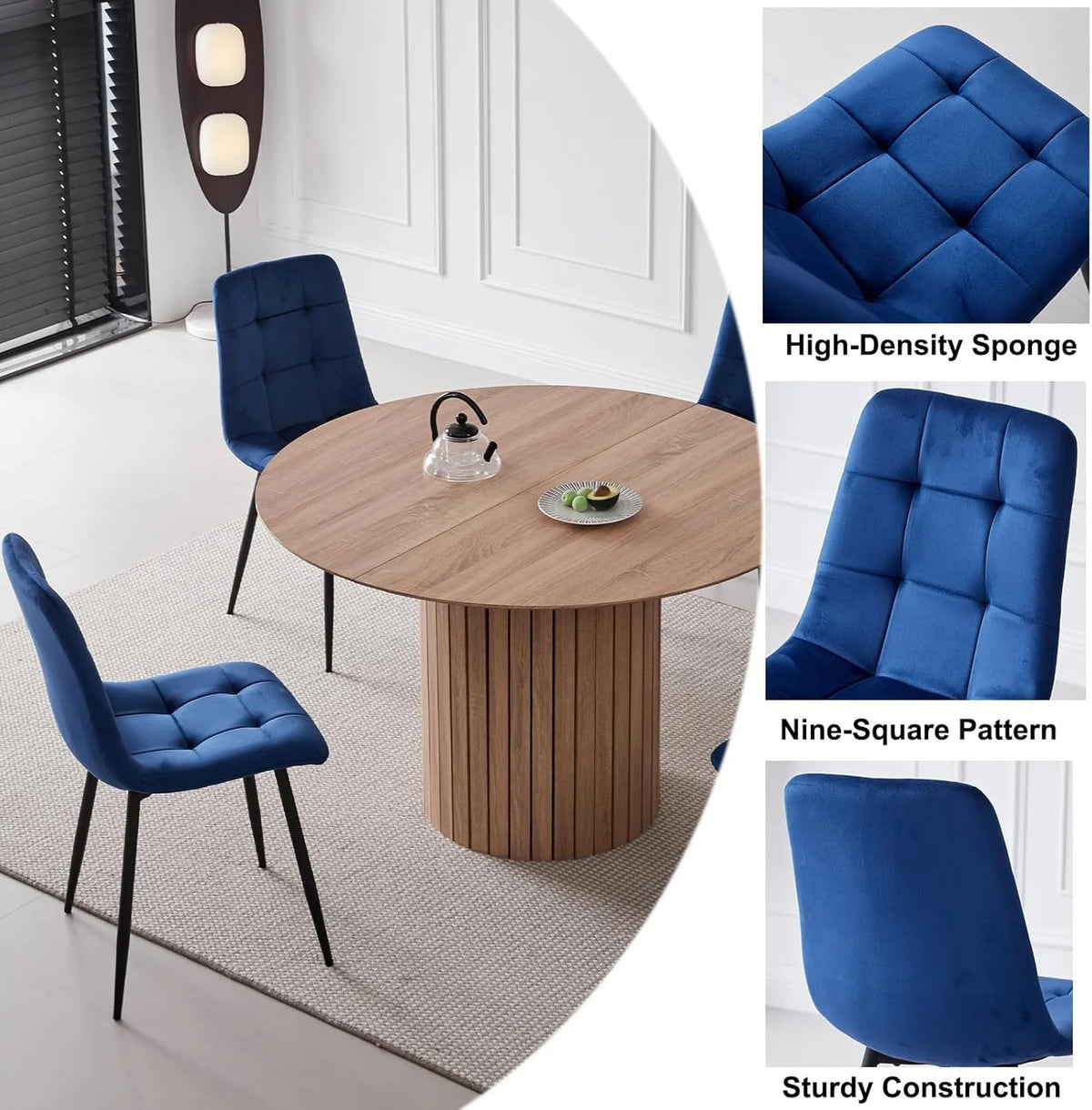 5 Piece Round Dining Table Set - Mid-Century 47 inch Oak Dining Table with 4 Brown Faux Leather Chairs Set, Dinner Table & Chair with Metal Legs for Kitchen Dining Room, Apartment, Bedroom