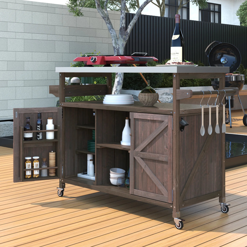 Outdoor Kitchen Island, Rolling Bar Cart & Storage Cabinet, Farmhouse Solid Wood Outdoor Grill Table with Stainless Steel Top, Spice Rack , Towel Rack for Kitchen & BBQ , Natural
