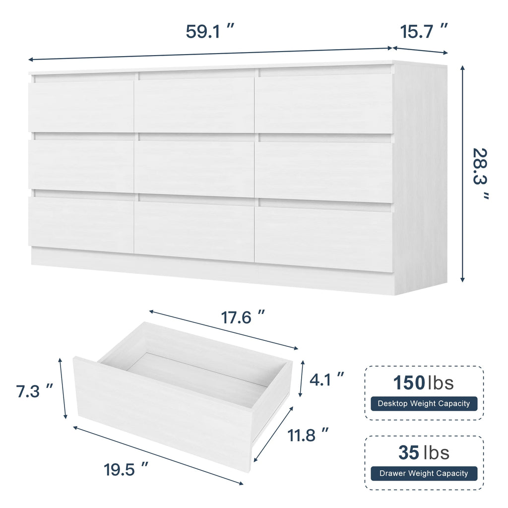 Resenkos Mid Century Modern 8 Drawer Dresser for Bedroom with Hidden Handle White