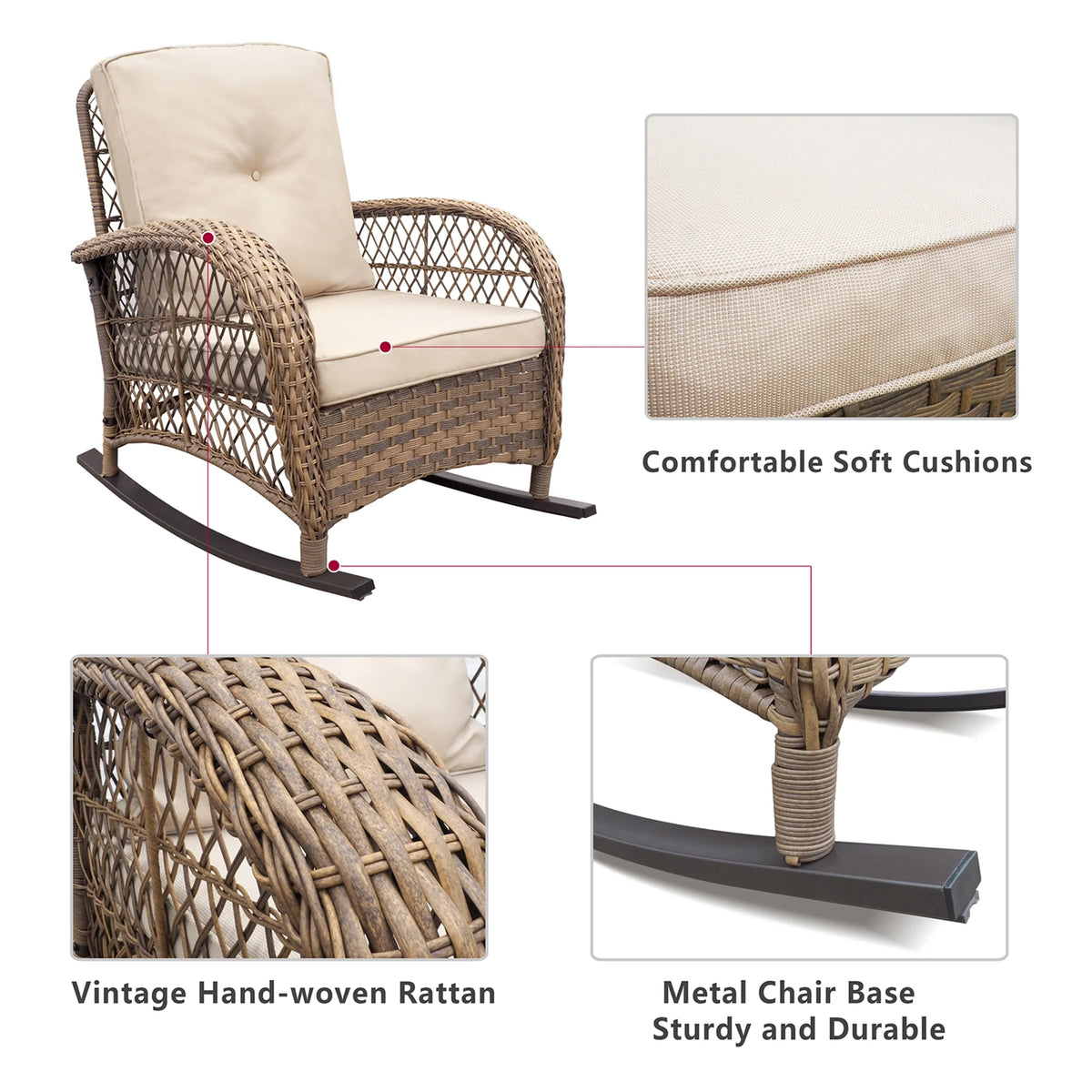 JP Outdoor 3Pcs Outdoor Wicker Rocking Porch Chairs with Coffee Table,Kahki