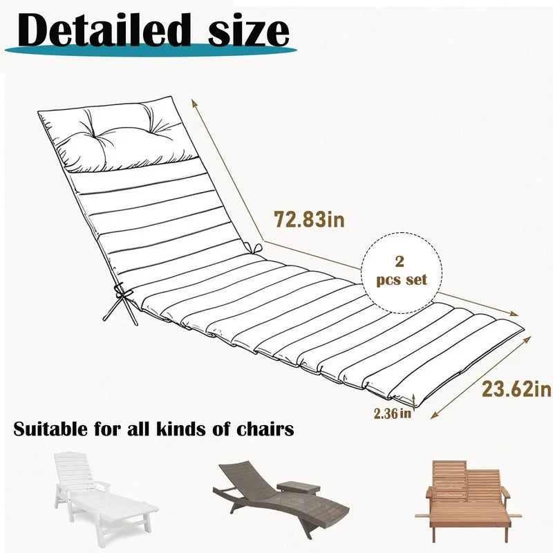 2pcs Outdoor Chaise Lounge Cushions, Waterproof Patio Foldable Chair Cushion for Garden Pool, 73 x 24in Sun Lounger Cushions for Outdoor Furniture Navy blue