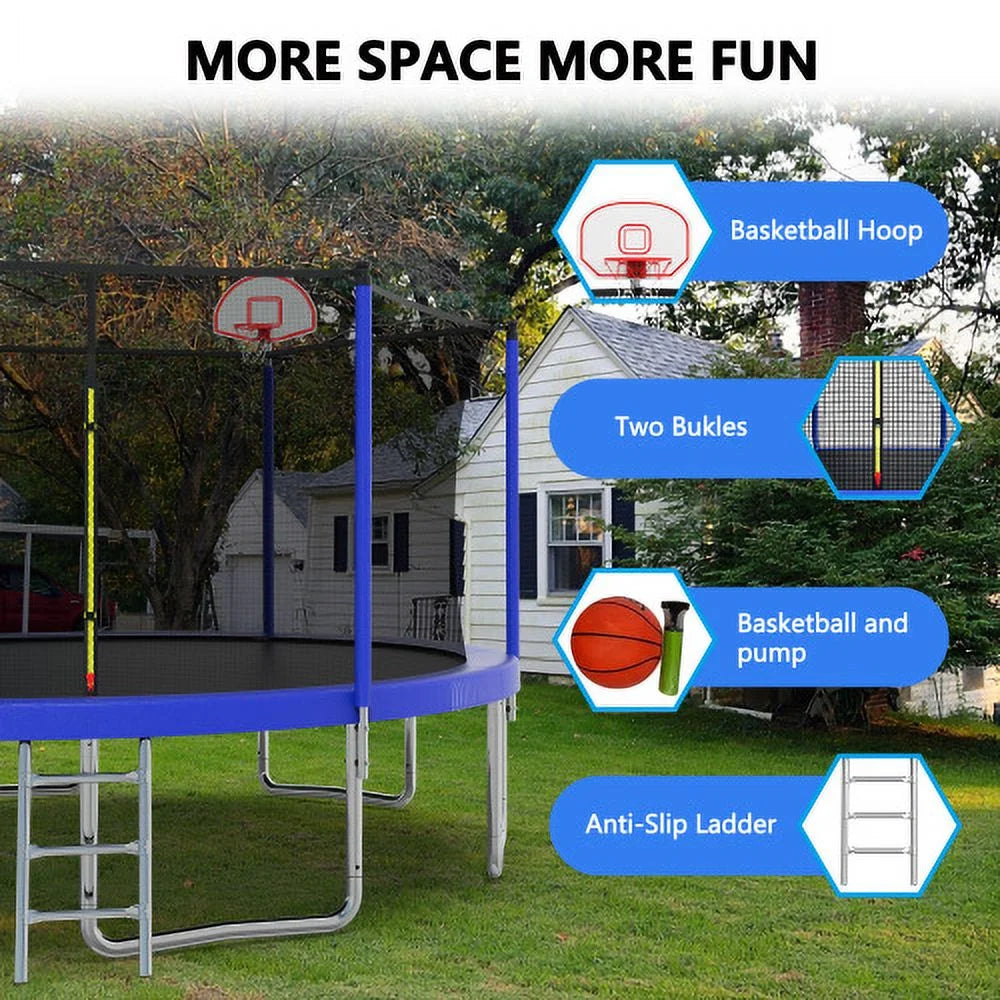 14FT Trampoline for Kids and Adults,Outdoor Large Recreational Trampoline with Ladder and Basketball Hoop,Blue