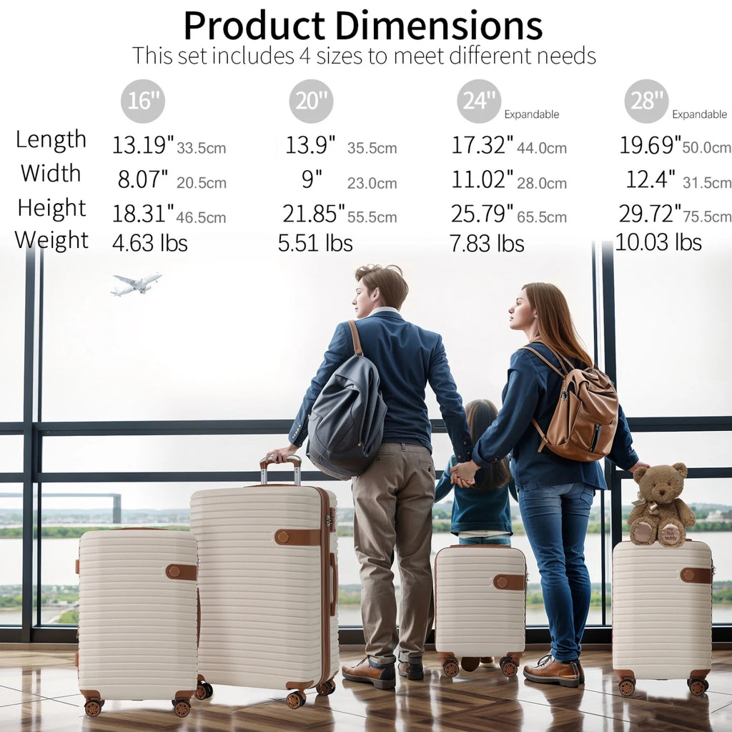 Luggage Sets,4-Piece Lightweight Suitcase Set with 4 Packing Cubes and TSA Lock, Hardshell Suitcases with Spinner Wheels, (16/20/24/28 ),Brown