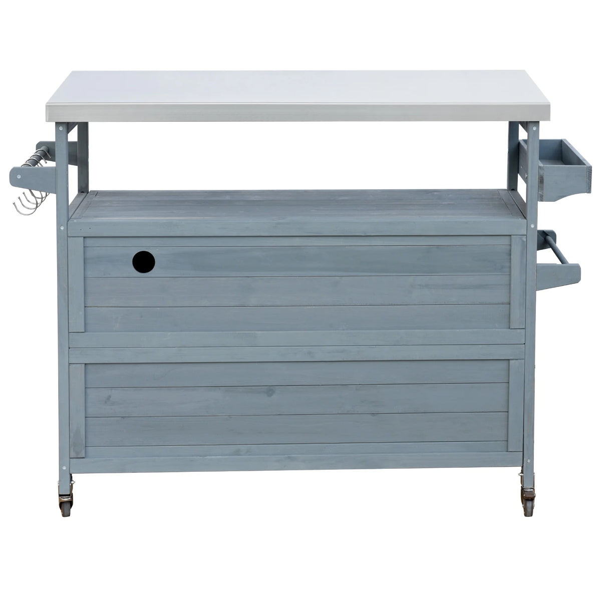 Outdoor Kitchen Island, Rolling Bar Cart & Storage Cabinet, Farmhouse Solid Wood Outdoor Grill Table with Stainless Steel Top, Spice Rack , Towel Rack for Kitchen & BBQ , Natural