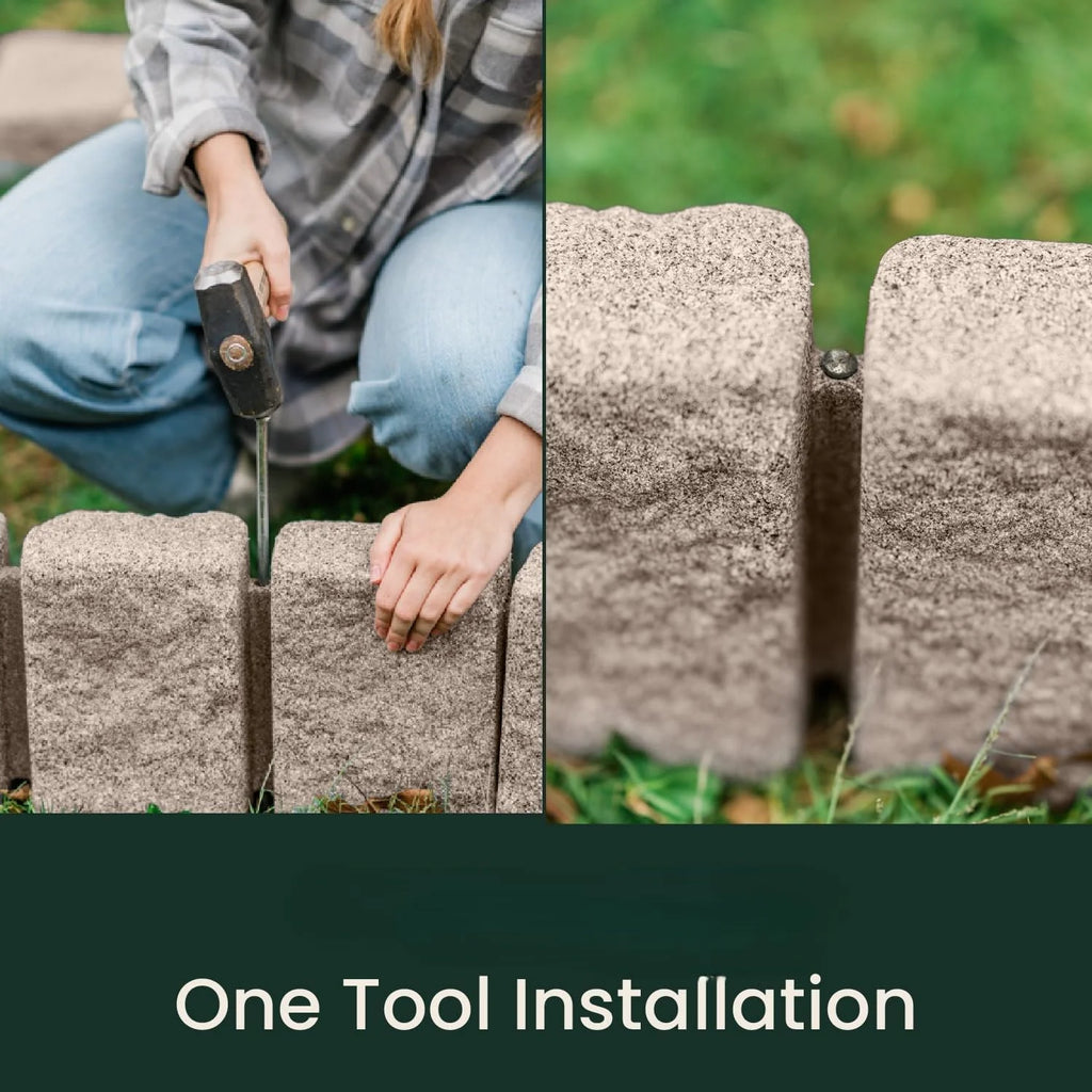 Beuta Landscape Edging | Garden Edging Border | Faux Stone Block XL for Lawn Edging, Flower Beds & Yard Edging 1 Pack | Each Section Has 6 Blocks 48" L x 4" W x 9.5" H | 3 Spikes | Sandstone