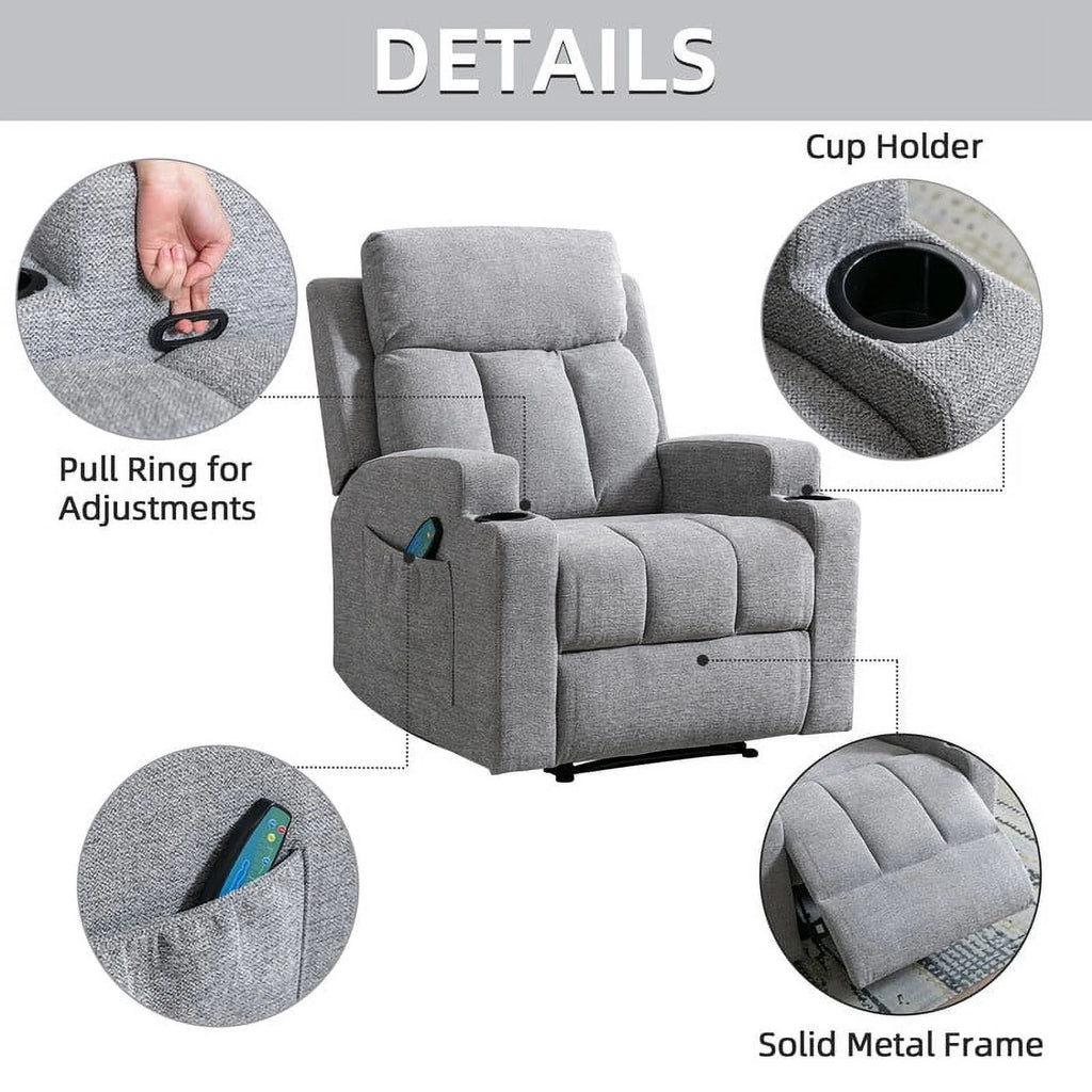 Bonzy Home Heated Manual Massage Recliner with Cup Holder Padded Breathable Fabric Recliner, Home Theater Seating Navy