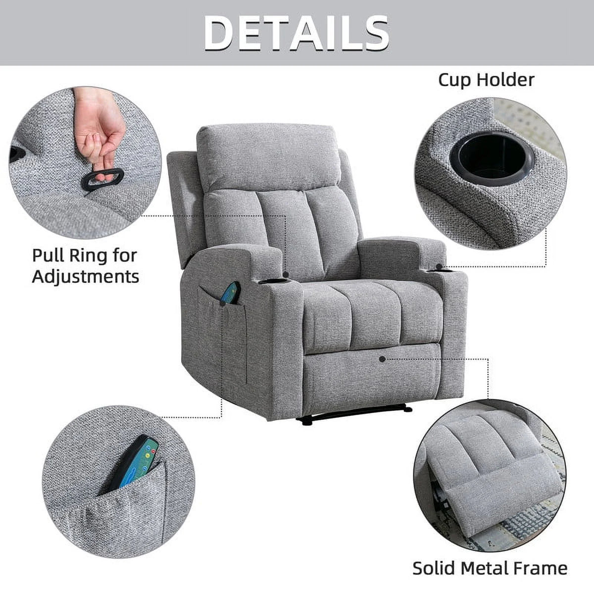 Bonzy Home Heated Manual Massage Recliner with Cup Holder Padded Breathable Fabric Recliner, Home Theater Seating Navy