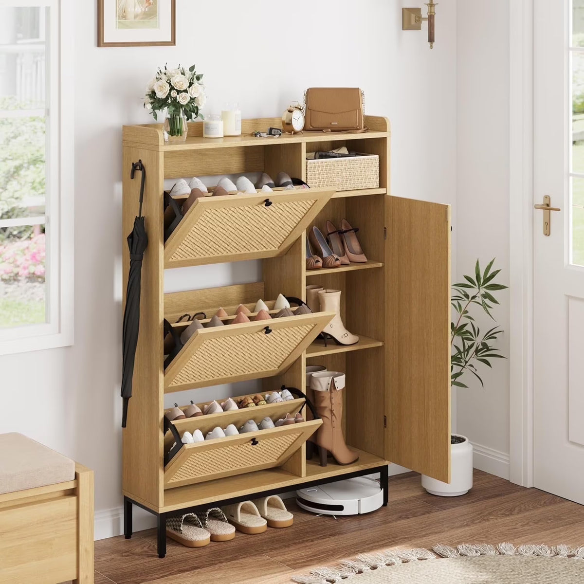 Garvee Rattan Shoe Storage Cabinet with Doors and 3 Flip Drawers, Freestanding Organizer with Adjustable Shelves for Entryway, Narrow Shoe Rack Cabinet for Hallway, Easy Assembly, Oak Color