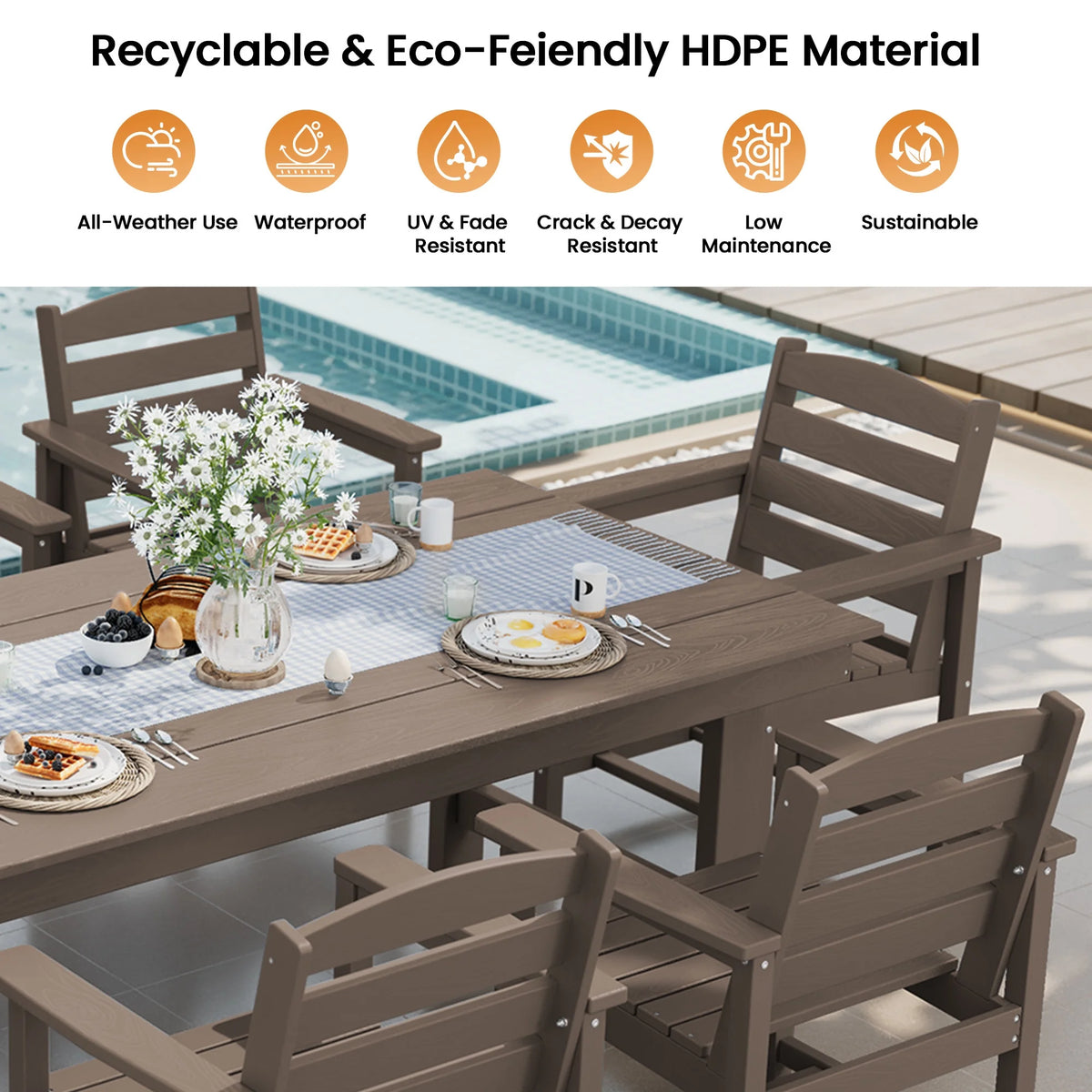 KINGYES 7-Piece Outdoor Dining Set, HDPE Patio Table and Chairs with Umbrella Hole, Gray