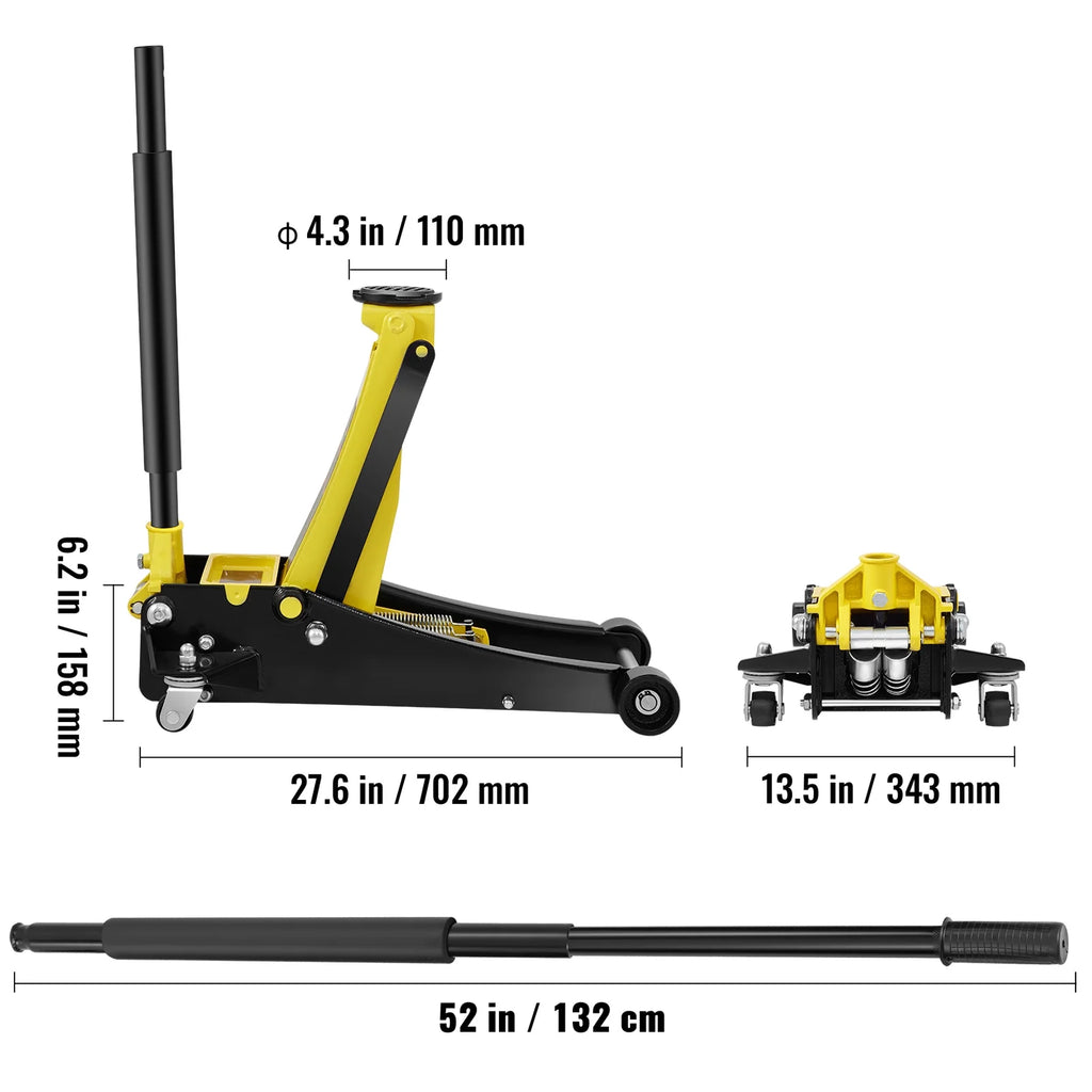 KFFKFF Low Profile Floor Jack, 3 Ton Capacity, Low-lying Steel Jack for Racing, Equipped with Efficient Dual Pistons for Rapid Elevation, Adjustable Height from 3.35 inches to 19.69 inches