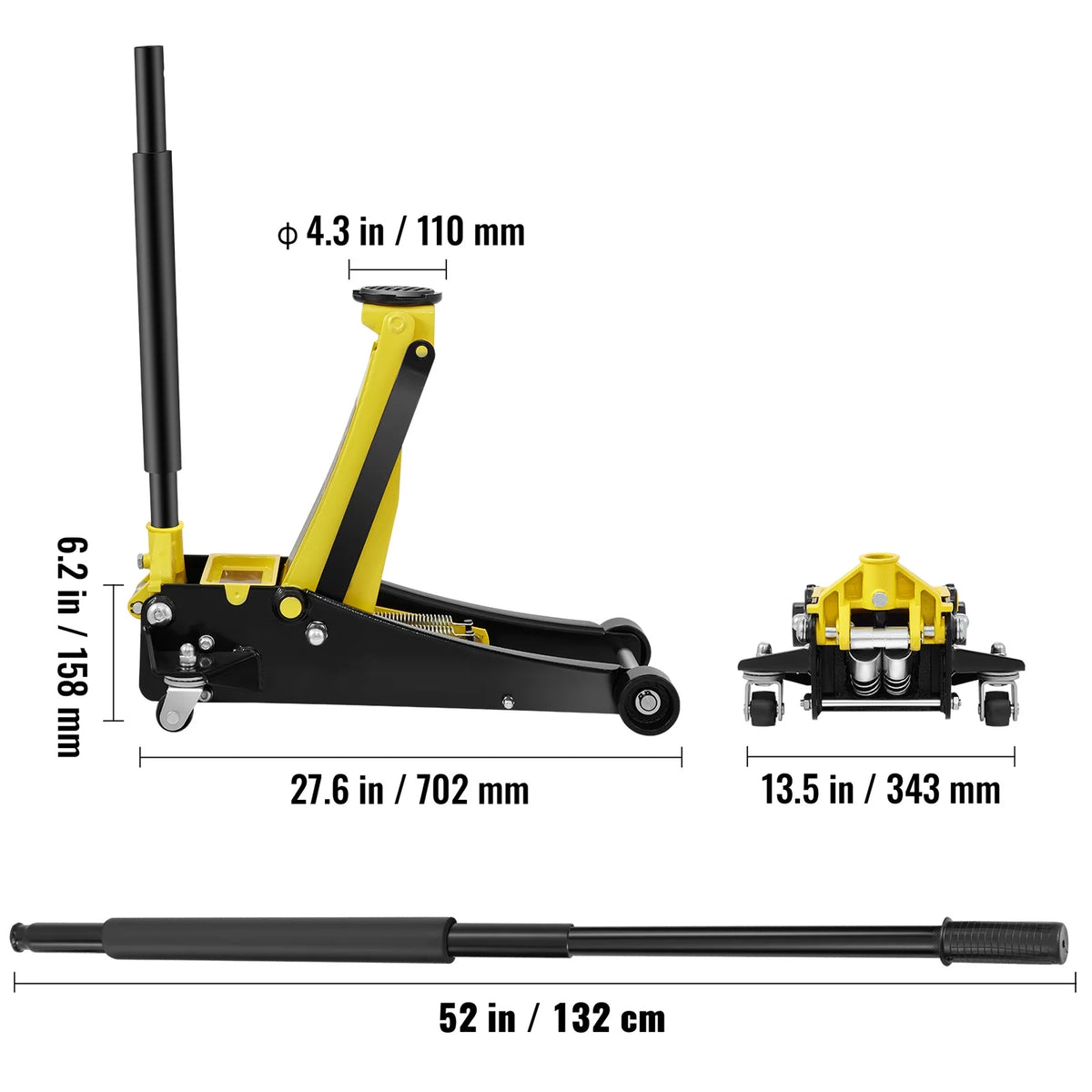 KFFKFF Low Profile Floor Jack, 3 Ton Capacity, Low-lying Steel Jack for Racing, Equipped with Efficient Dual Pistons for Rapid Elevation, Adjustable Height from 3.35 inches to 19.69 inches