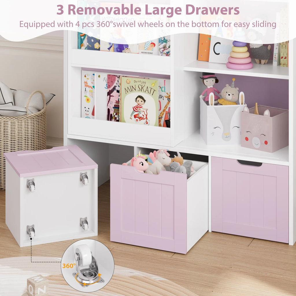 Homfa 6 Cube Toy Storage, Cube Organizer with Sliding Rack, 3 Drawer Kids Bookcase and Bookshelf, White