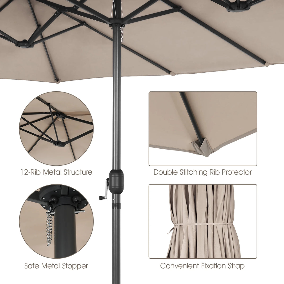 Costway 15ft Beige Patio Double-Sided Umbrella, Crank Lift