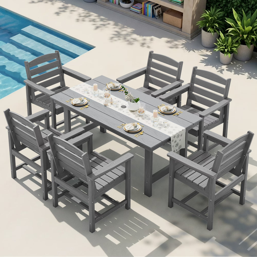 KINGYES 7-Piece Outdoor Dining Set, HDPE Patio Table and Chairs with Umbrella Hole, Gray