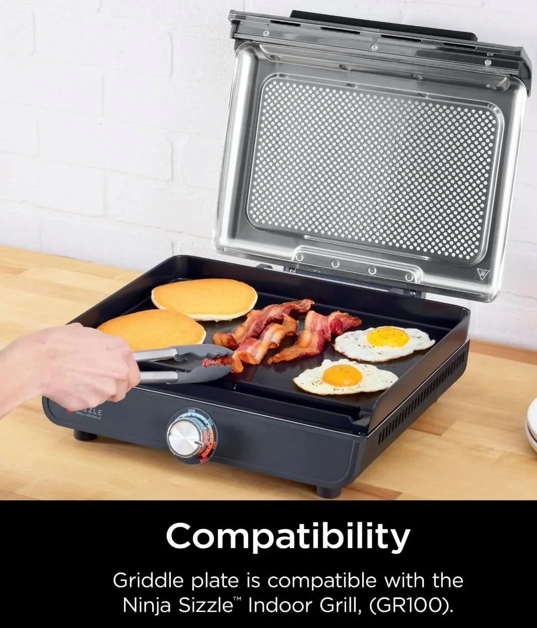 Ninja Sizzle Indoor Grill, 500F High Heat Kitchen Grill with Nonstick 14 Inch Plate, Low-Smoke Technology, Edge-to-Edge Heating, Family-Sized Capacity, Countertop Cooking Tool (GR100)