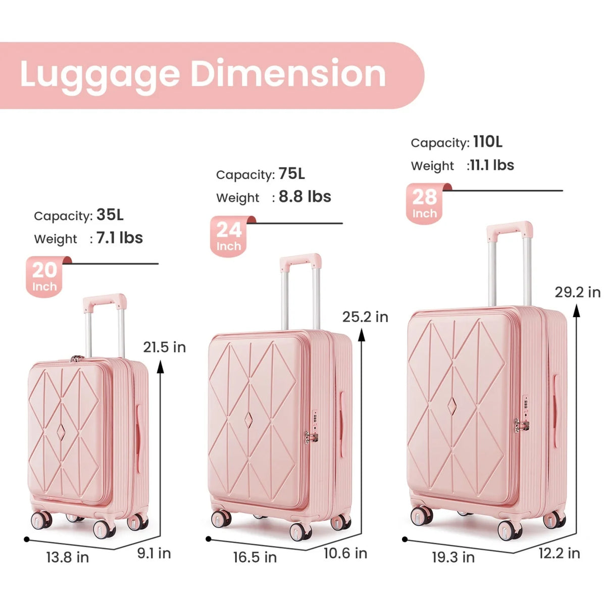 3 Piece luggage sets, Expandable Luggage 20/24/28 Inches with TSA Lock, PC Hardshell Luggage with Front Compartment, Airline Approved, Pink