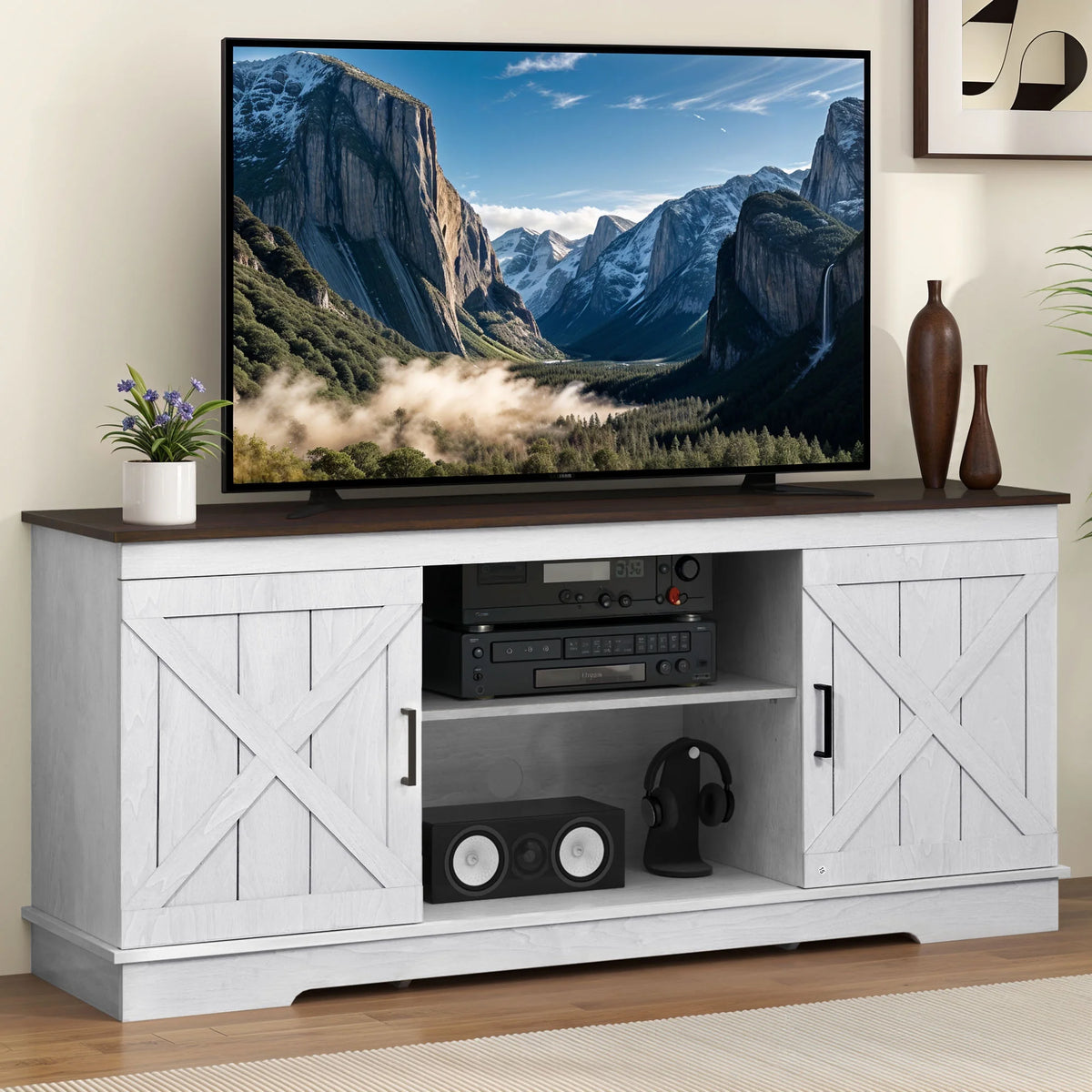 Dextrus Farmhouse TV Stand for 65 inch TV, Entertainment Center for Living Room, TV Media Console Cabinet, Grey Wash