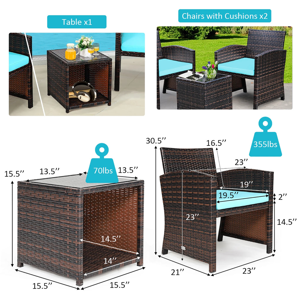 Costway 3PCS Patio Rattan Wicker Furniture Cushion Sofa Coffee Table Gray