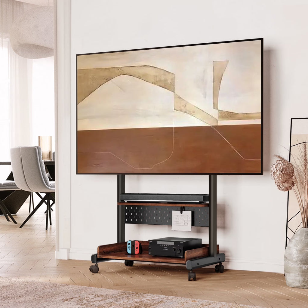 FITUEYES Rolling TV Stand with Wheels for 40-85 inch TVs, Height Adjustable Mobile TV Stand TV cart with Wooden Large Storage,White