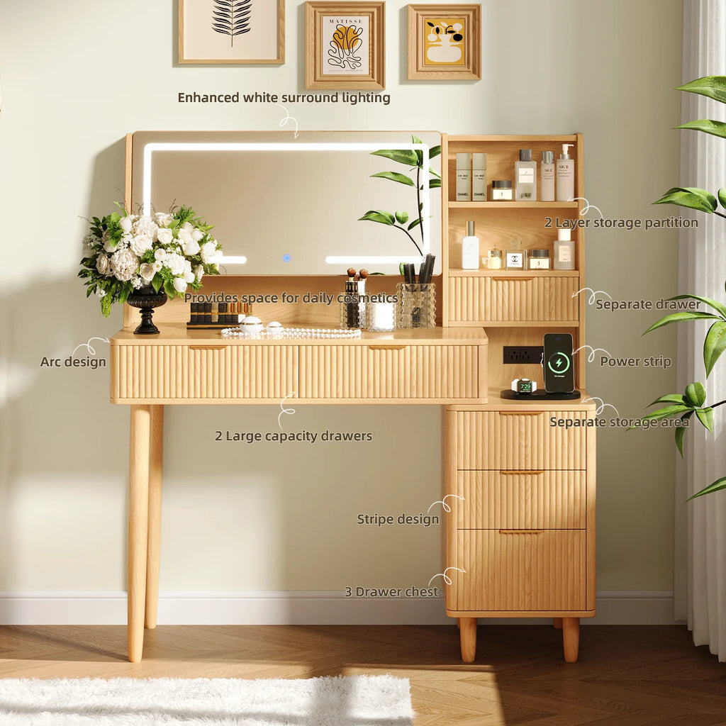 UGTOO 45.2" Modern Vanity Desk with LED Mirror & USB Charging, Wood Makeup Dressing Table with 7 Drawers for Bedroom