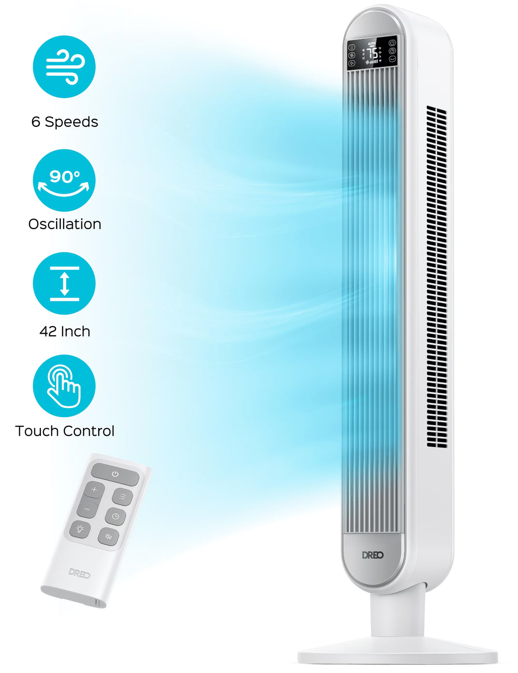 Dreo Tower Fan for Home, 42" Standing Fan with Remote, 90 Oscillating Fan for Indoors, 34dB Quiet Bedroom Fans, 6 Speeds, 4 Modes, 12H Timer, Bladeless Fan with LED Display, 26 ft/s High Velocity