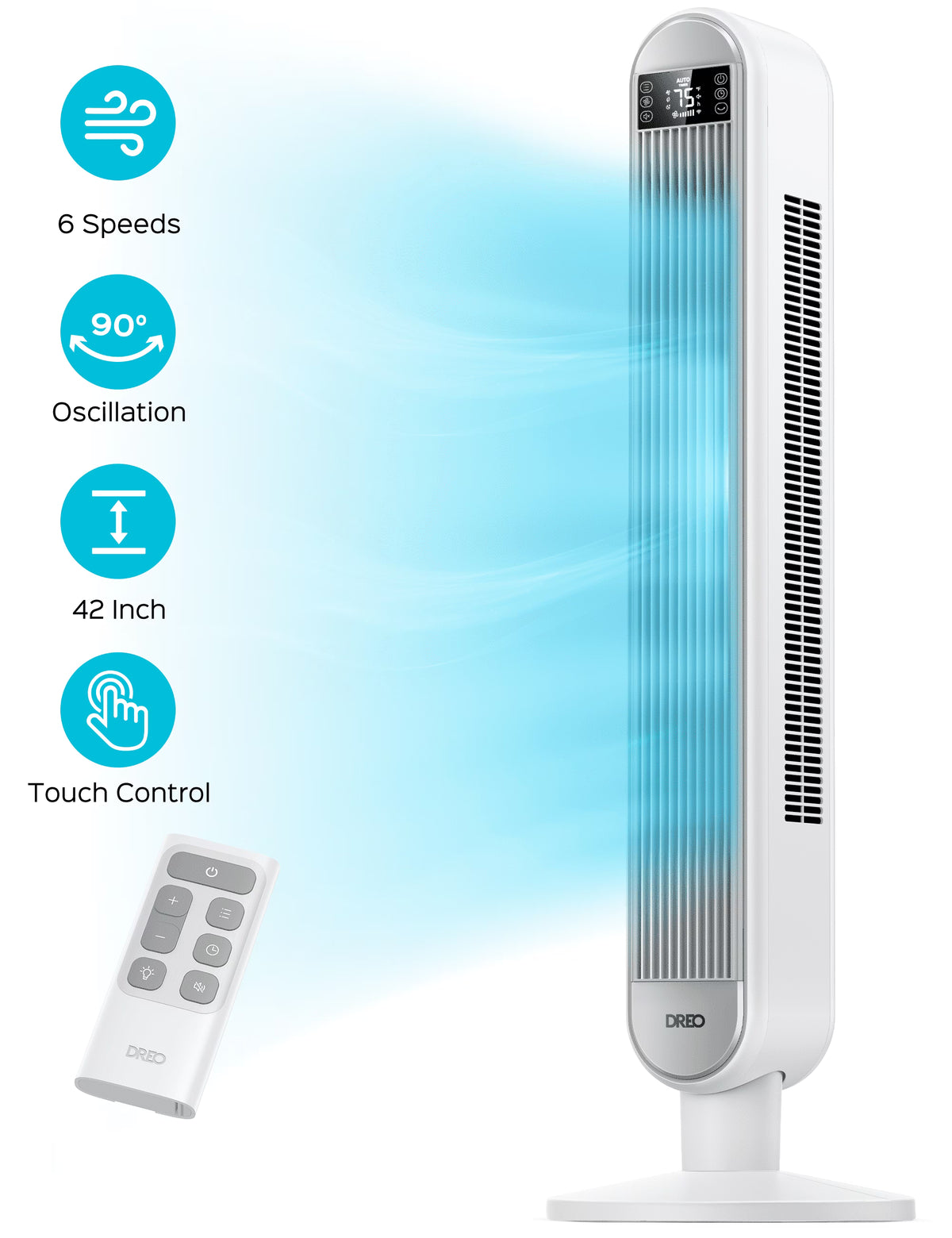 Dreo Tower Fan for Home, 42" Standing Fan with Remote, 90 Oscillating Fan for Indoors, 34dB Quiet Bedroom Fans, 6 Speeds, 4 Modes, 12H Timer, Bladeless Fan with LED Display, 26 ft/s High Velocity