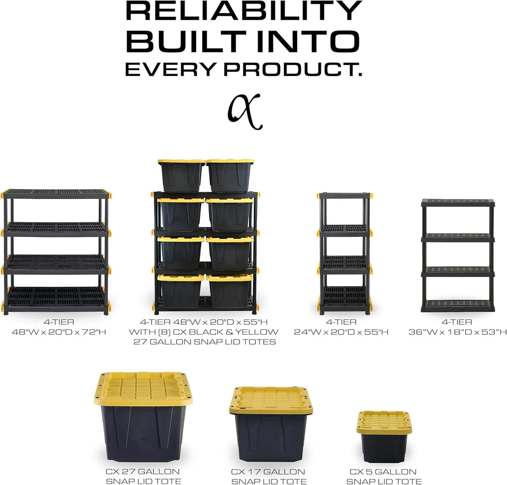 Black & Yellow, 5-Tier Heavy Duty Plastic Storage Shelving Unit, 200lbs/shelf (72 H x 48 W x 20 D), for Indoor/Outdoor Organization, Modular Rack