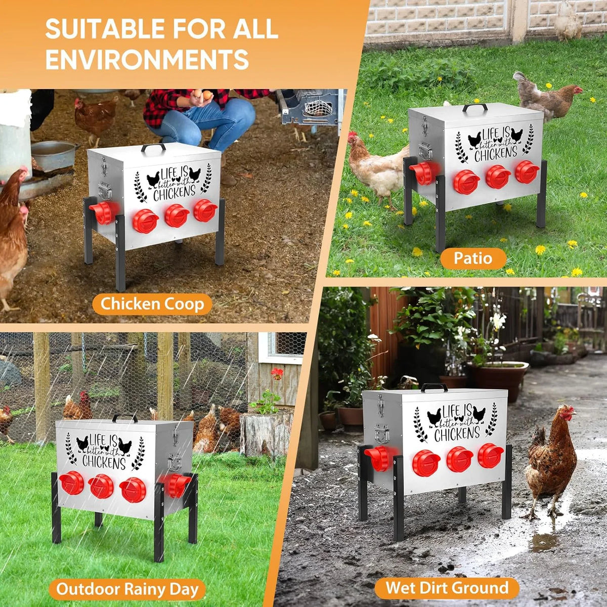 50LB Large Automatic Chicken Feeder 8 Feeding Ports, No-Waste Poultry Feeder, with Adjustable Legs & Locking Lid