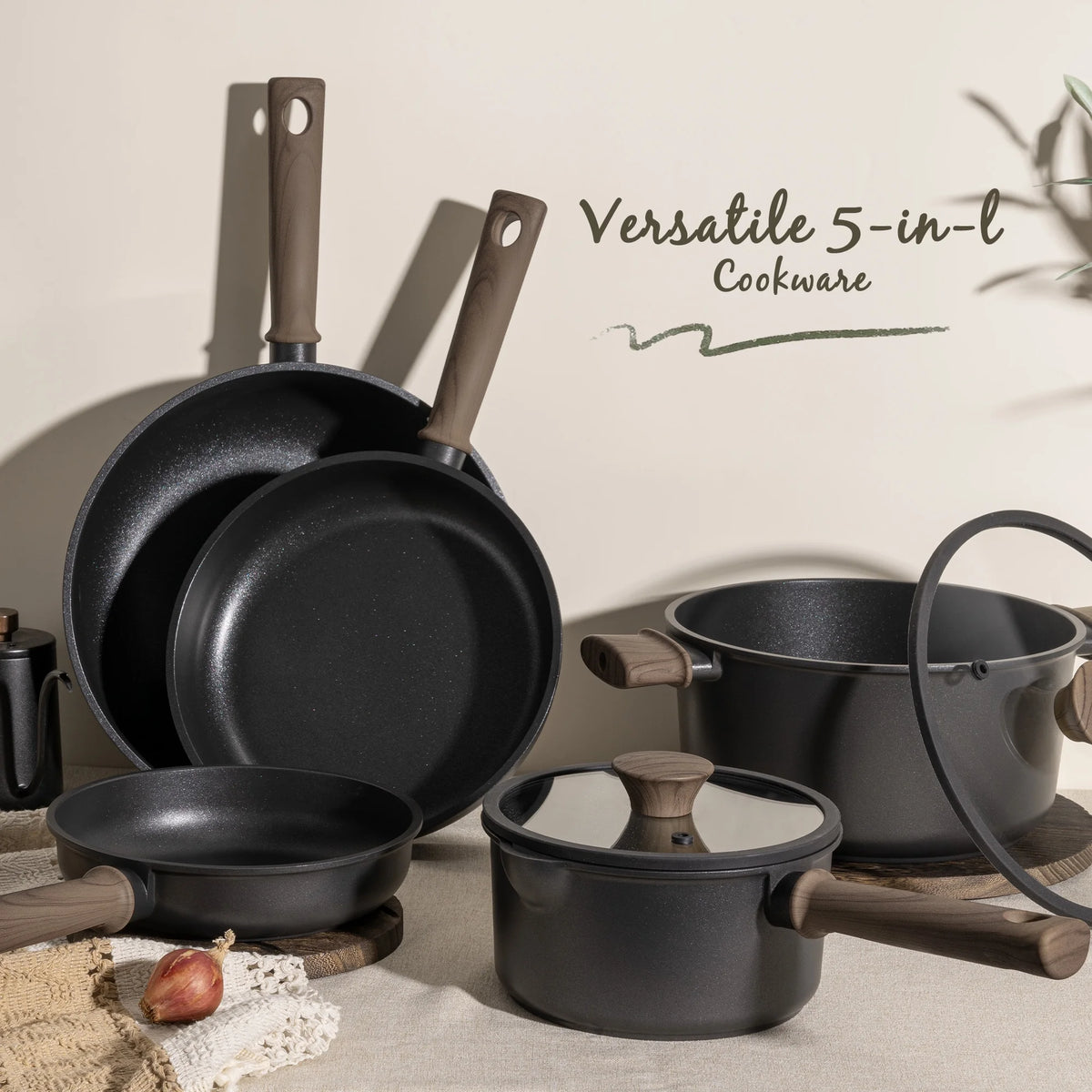 Astercook 18-Piece Pots and Pans Set, Nonstick Cookware Set with Elegant Wooden Handle, Oven Safe to 480F, Induction Compatible, Kitchen Cooking Set for RV Trips, Camping and Picnic, Black