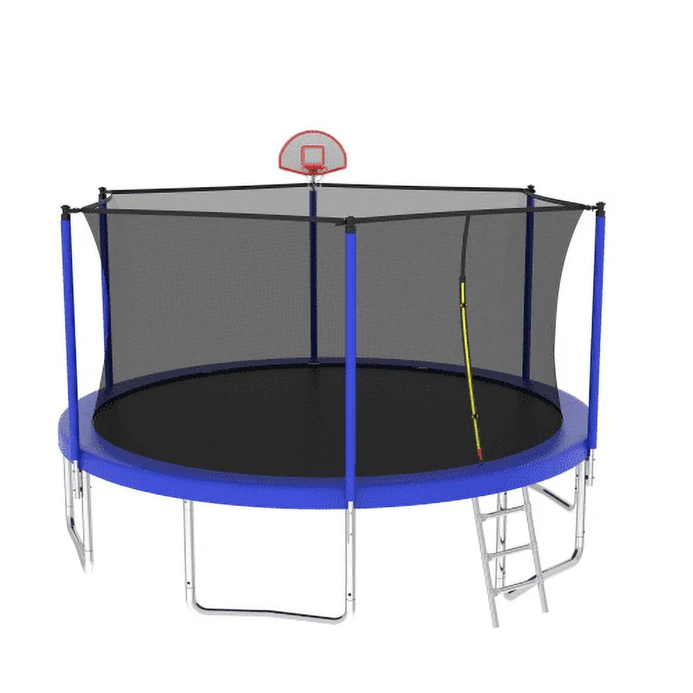 14FT Trampoline for Kids and Adults,Outdoor Large Recreational Trampoline with Ladder and Basketball Hoop,Blue