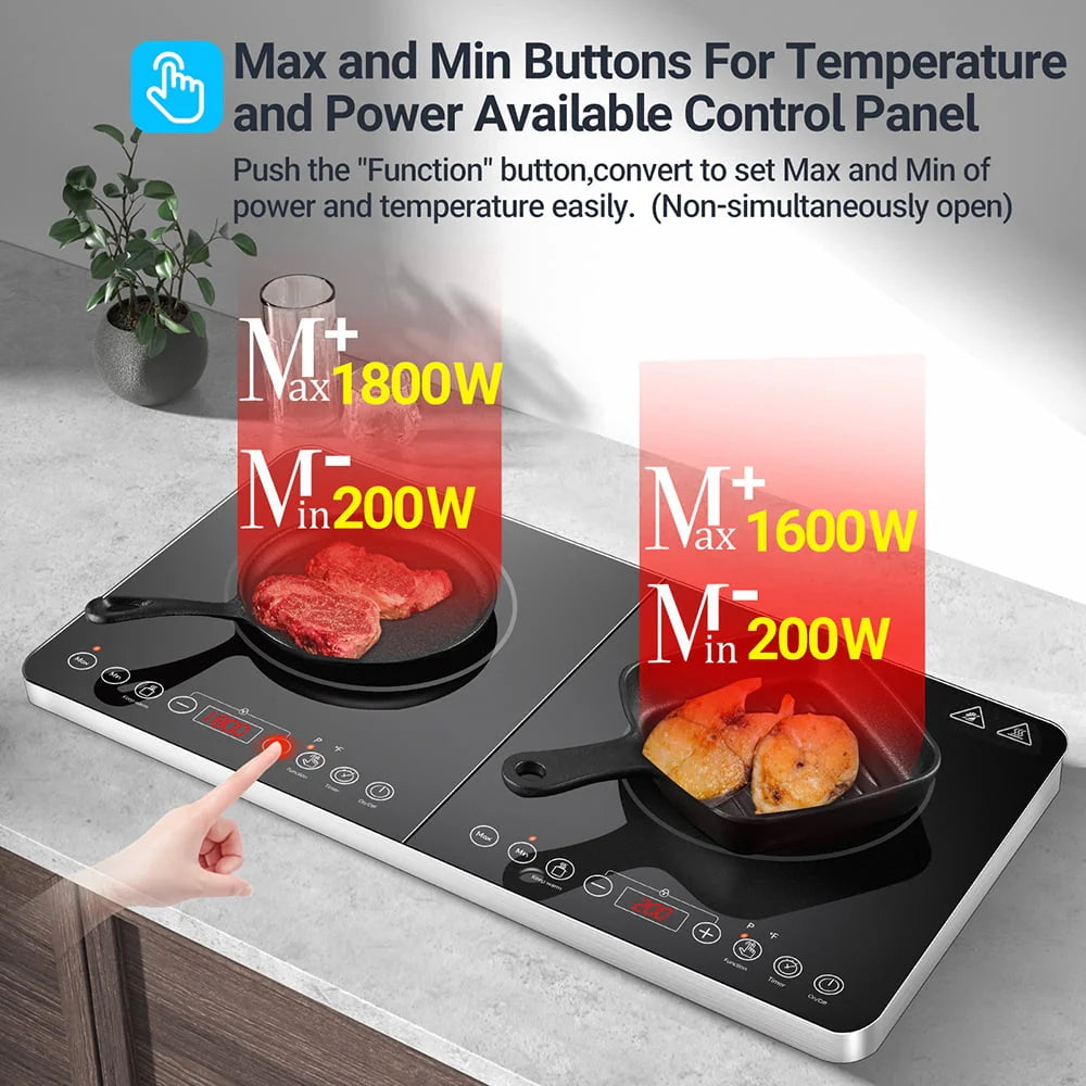 Aobosi Electric Double Induction Cooktop 1800W Portable Ultrathin with Sensor Touch, 10 Temperature 9 Power Settings 4 Hour Timer, Over-heating Protection & Child Safety Lock for Kitchen Garden Office