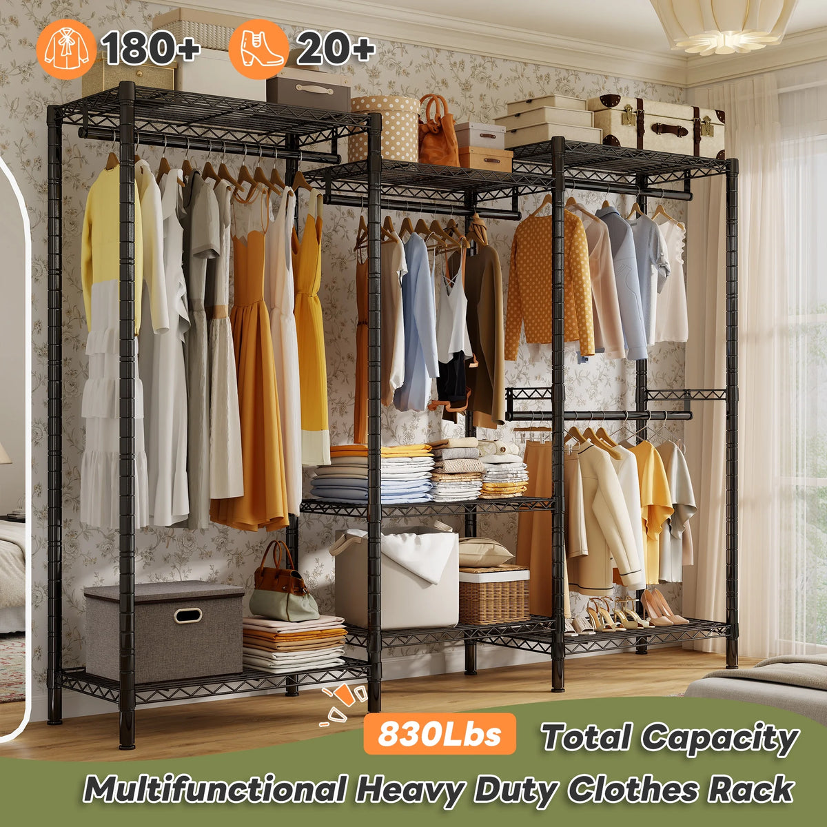 EnHomee 830 LBS Clothes Rack Heavy Duty Garment Rack with 4 Rods & 7 Shelves, Adjustable Metal Closet Organizer 77"H x 69"W x 16"D Black