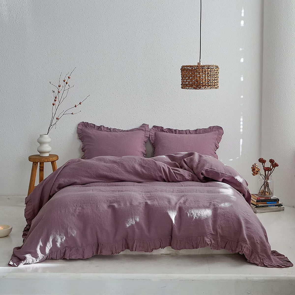 Simple&Opulence 100% Washed Linen Duvet Cover Set-3 Pieces Shabby Chic Premium Ruffled Bedding with 1 Comforter Cover and 2 Pillowshams France Flax High End Frill Sets Vintage Style(King, White)
