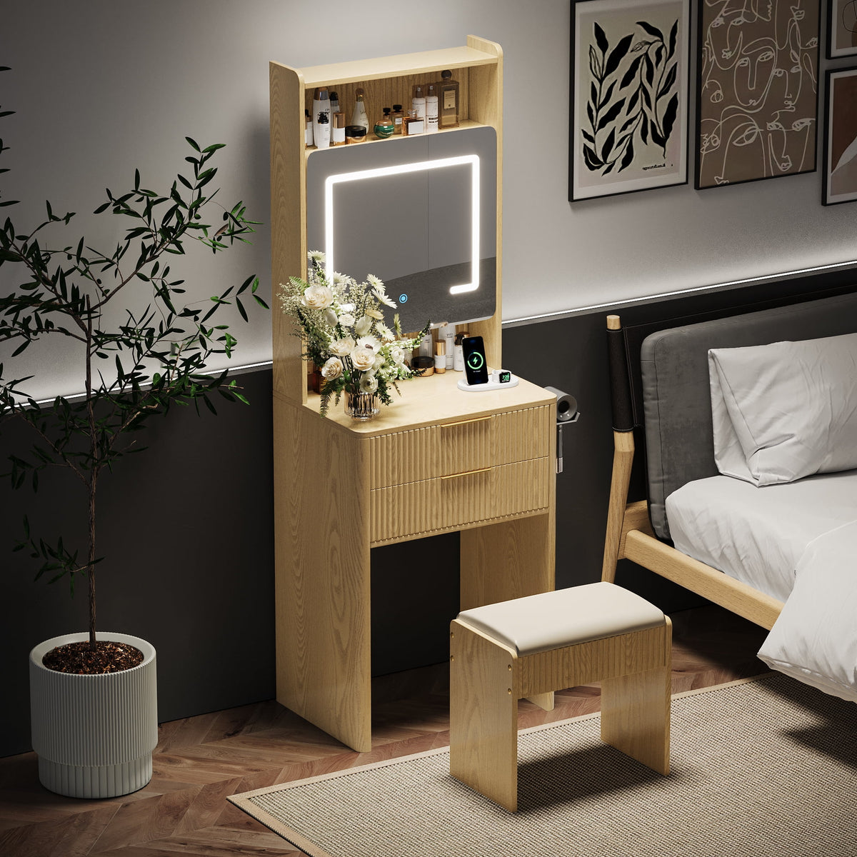 UGTOO 45.2" Modern Vanity Desk with LED Mirror & USB Charging, Wood Makeup Dressing Table with 7 Drawers for Bedroom