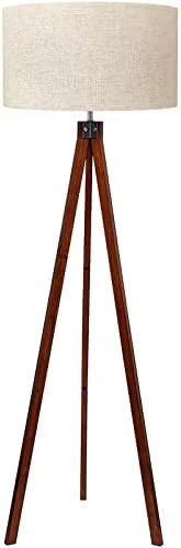 Wood Tripod Floor Lamp, Mid Century Standing Lamp, Modern Design Studying Light for Living Room, Bedroom, Study Room and Office, Flaxen Linen Shade with E26 Base Brown