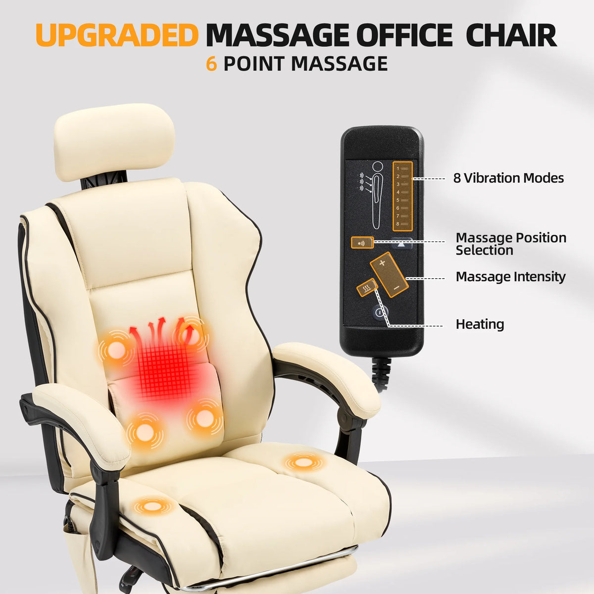 HOMREST 6-Point Massage Office Chair with Footrest, Heated Executive Office Chair with Reclining Backrest, Ergonomic Gaming Chair with Padded Armrest, Off-White