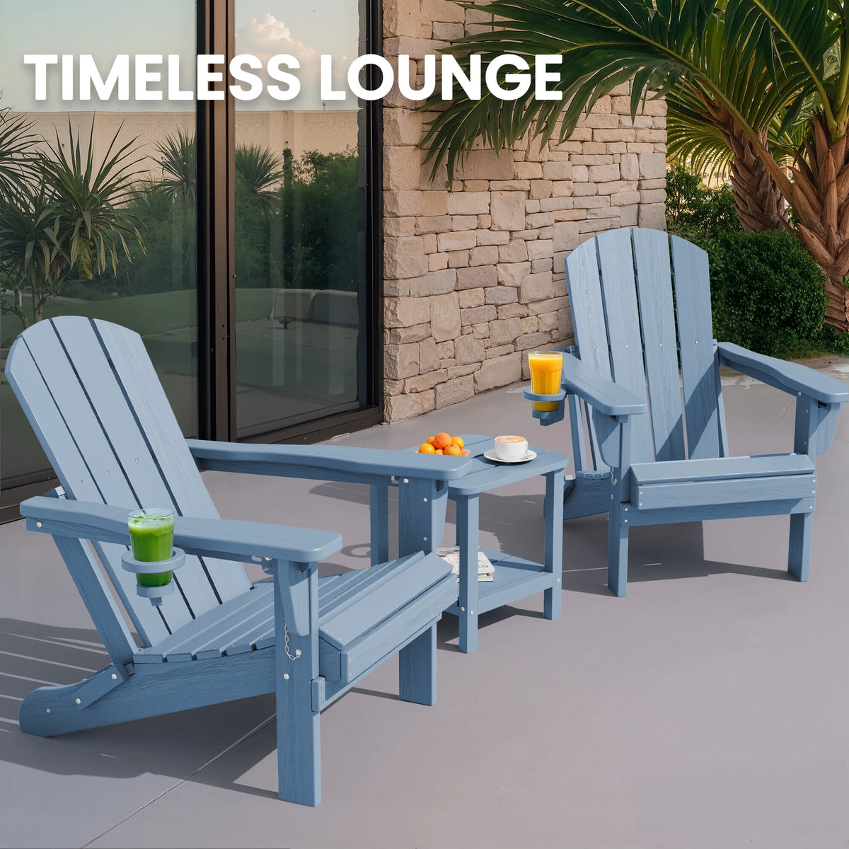 SERWALL Outdoor Adjustable Folding HDPE Adirondack Chairs Set of 2 with Cup Holder, Gray