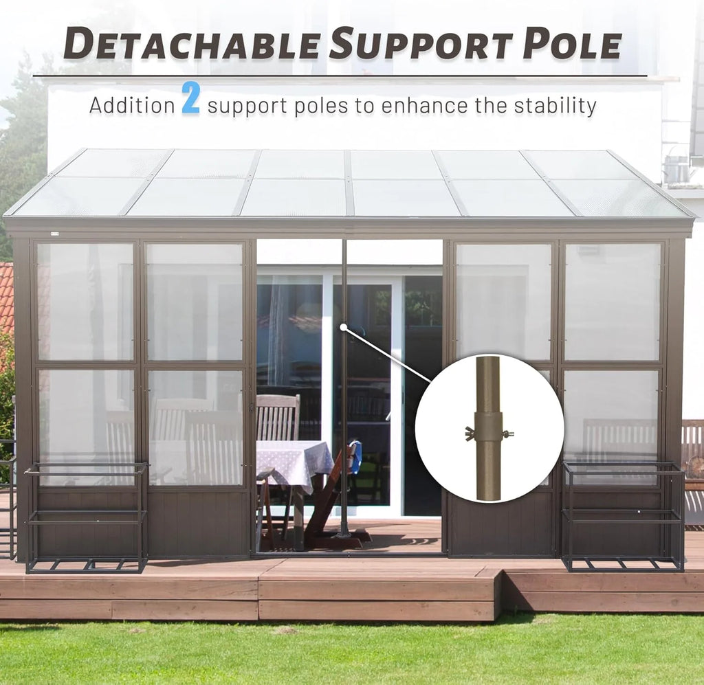 TOTAL Outdoor 10'x12' All-Season Sunroom Gazebo with Steel Roof, PVC Screen, Front & Side Door, Brown