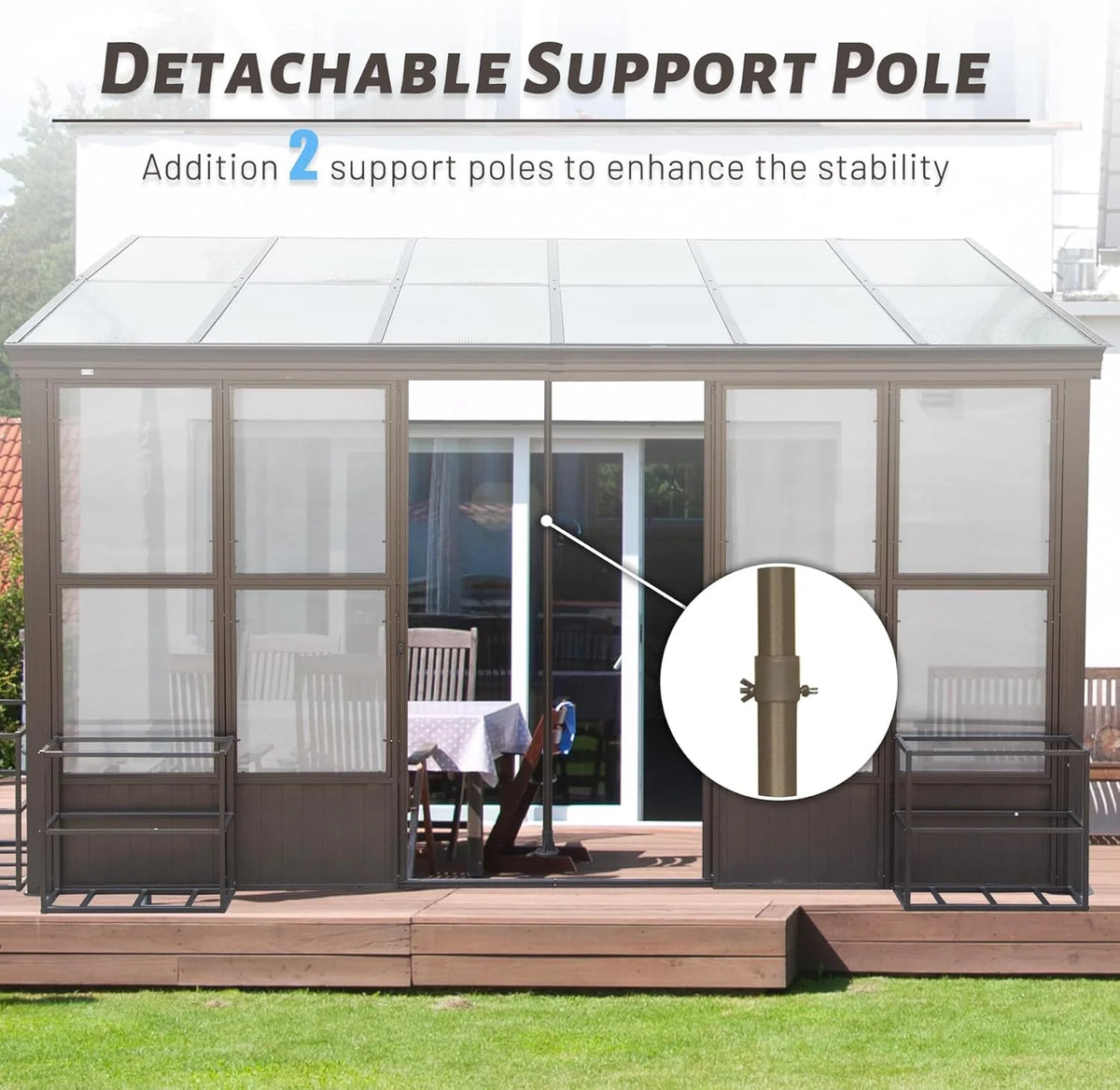 TOTAL Outdoor 10'x12' All-Season Sunroom Gazebo with Steel Roof, PVC Screen, Front & Side Door, Brown