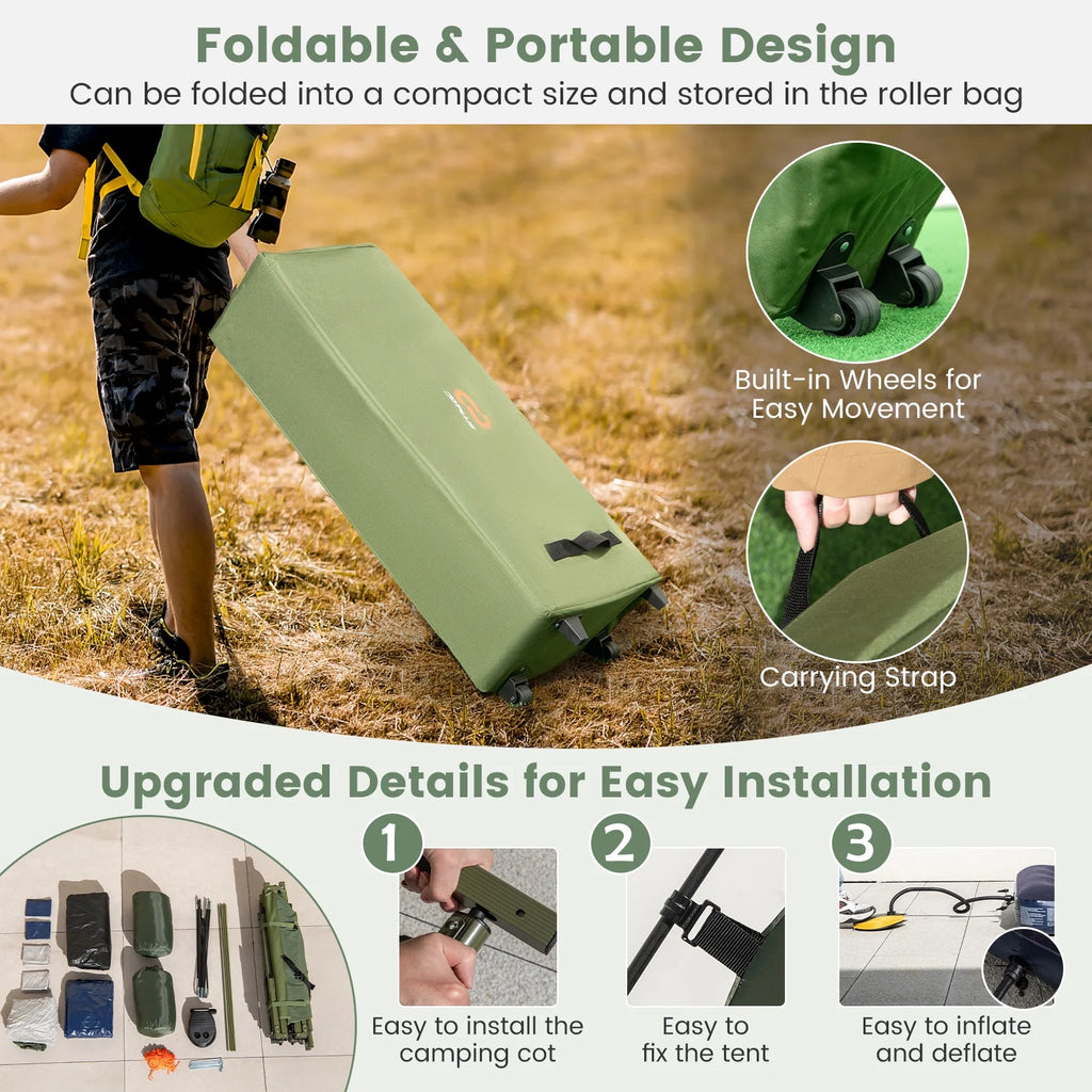 Gymax 2-Person Camping Tent Cot 5-in-1 Folding Camping Bed w/ Air Mattress Pillow Sleeping Bag