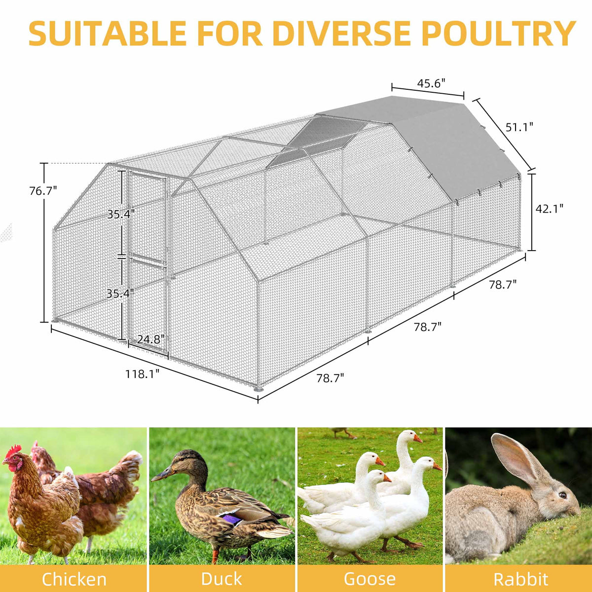 Dextrus Large Metal Chicken Coop, Walk-in Chicken Run, Galvanized Wire Poultry Chicken Hen Pen Cage, Rabbits Duck Cages with Waterproof Anti-Ultraviolet Cover for Farm, Backyard