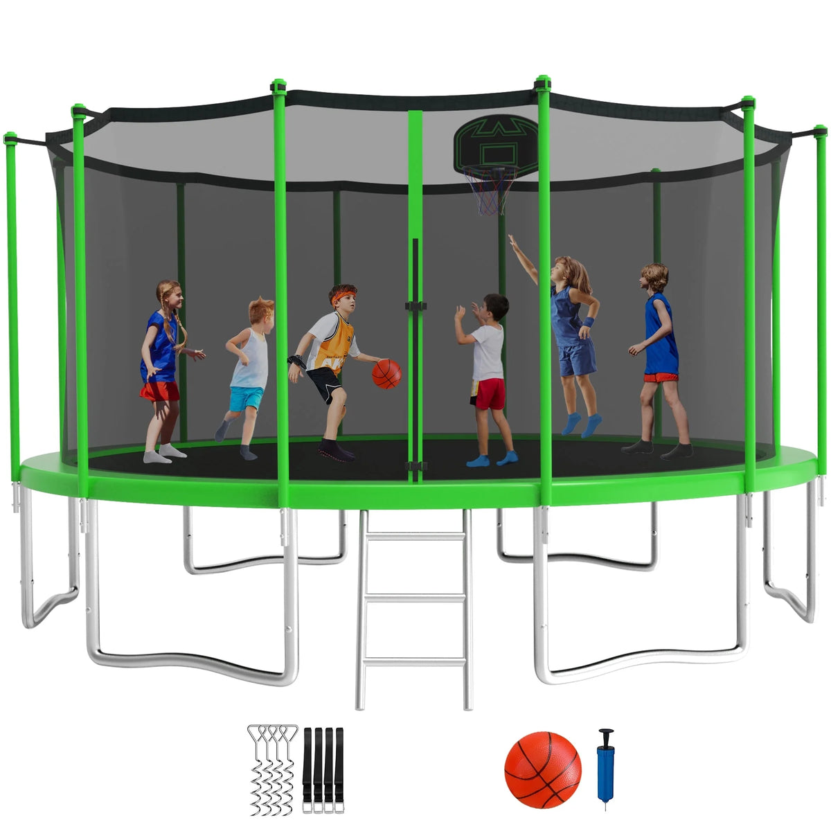 KOFUN Trampoline for Adults and Kids, 16FT 15FT 14FT 12FT 10FT 8FT Trampoline with Basketball Hoop, Enclosure Net, Ladder, Light, Anchor Kits, Heavy Duty Outdoor Backyard Trampolines, Black