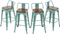 Andeworld Bar Stools Set of 4 Counter Height Stools Industrial Metal Barstools with Wooden Seats( 24 Inch, Distressed Green Blue)