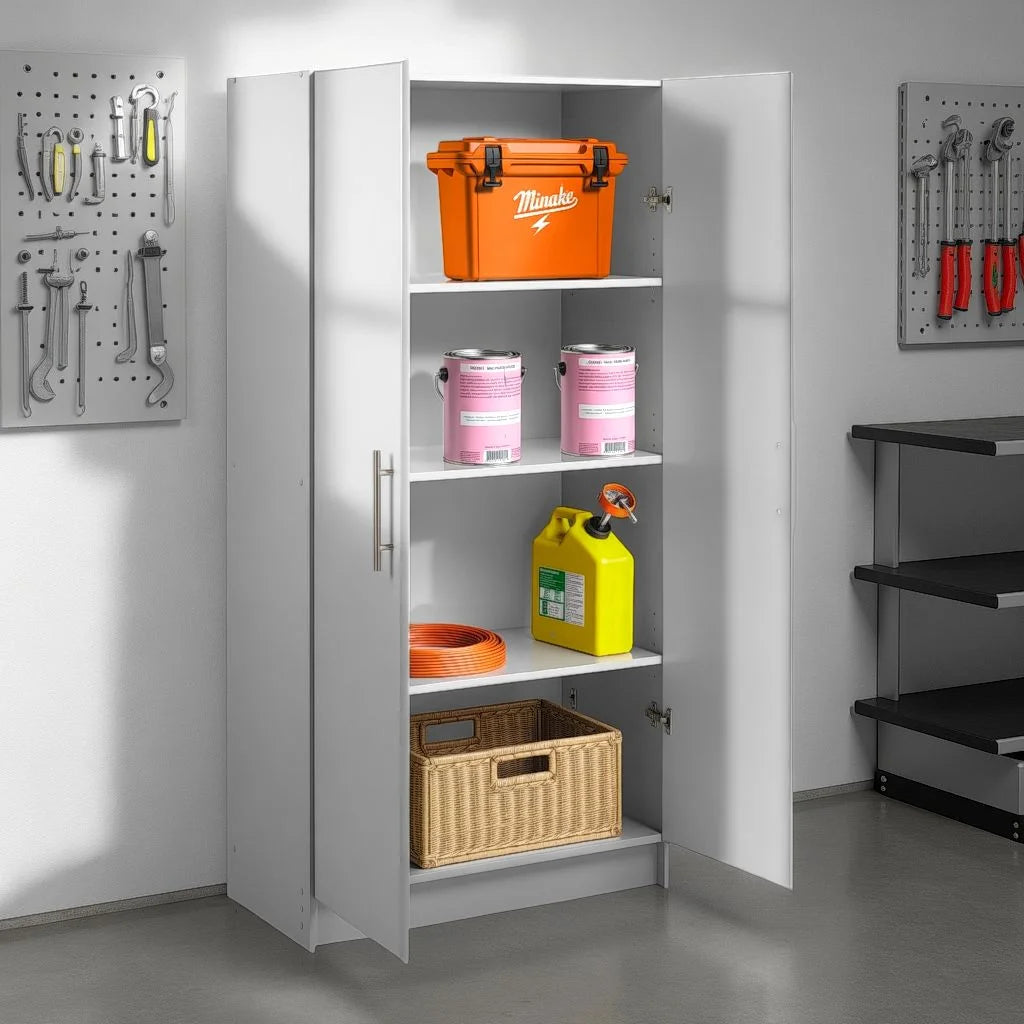 Prepac Adjustable Shelves Cabinet - Functional Tall Garage Table, 16"D x 32"W x 65"H Freestanding Garage Cabinet with 2-Doors, Light Gray - GES-3264