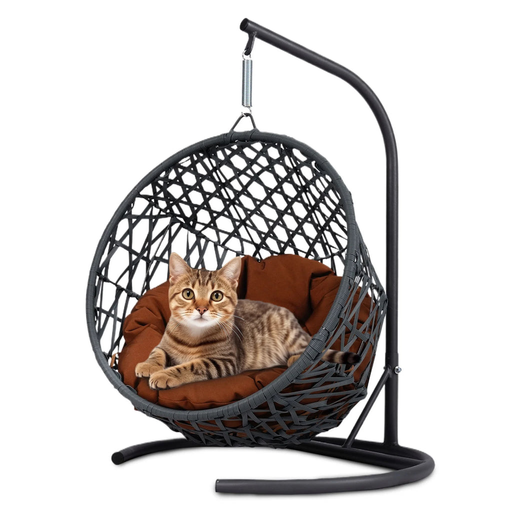Cat Swing Bed with Stand & Cushion, Cat Egg Chair with Rattan Wicker Appearance, Indoor Hanging Swinging Cat Bed