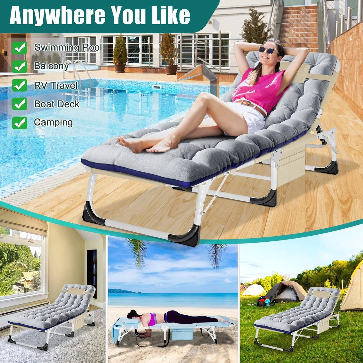 MOPHOTO Lounge Chair with Mattress, Outdoor Chaise Lounge Support 440 Lbs, Adjustable Portable Heavy Duty Sleeping Cots Bed for Camping, Pool, Beach, Patio