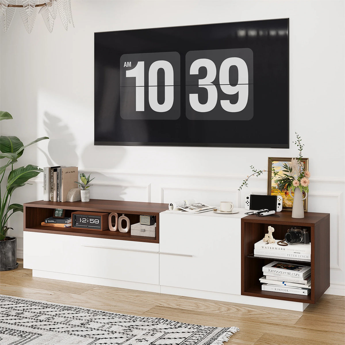Planntonneo Mid-Century Modern Fluted TV Stand Wooden Media Console Entertainment Center for Living Room, Walnut Color