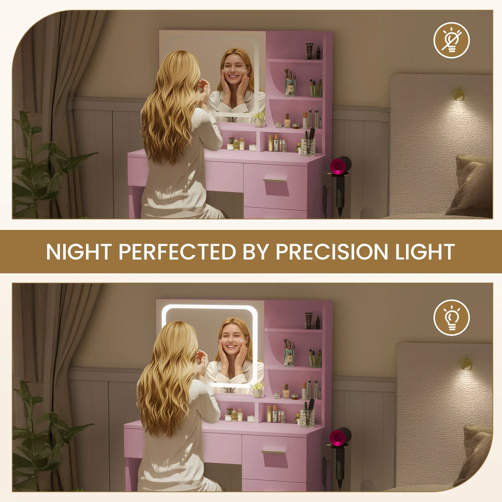 LIVELYGLOW Vanity Desk with Mirror and Lights, Makeup Vanity with Drawer & Storage Shelves, Cabinet, 3 Lighting Modes Adjustable Brightness,White