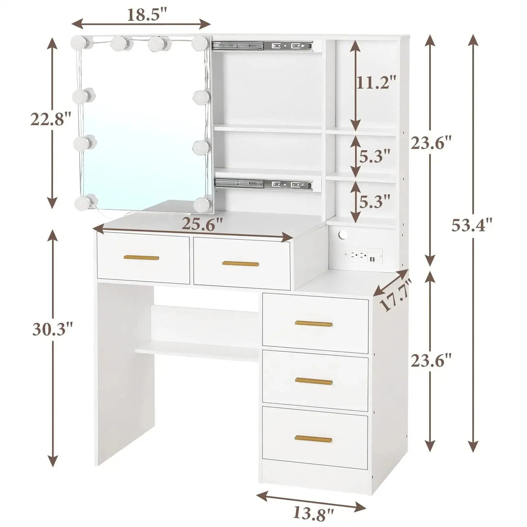 White Vanity Set Desk Table with 10 LED Lights & Charging Station & Sliding Mirror, Modern Makeup Vanity Desk Dressing Table with 5 Drawers for Bedroom, 10 LED Light Bulbs