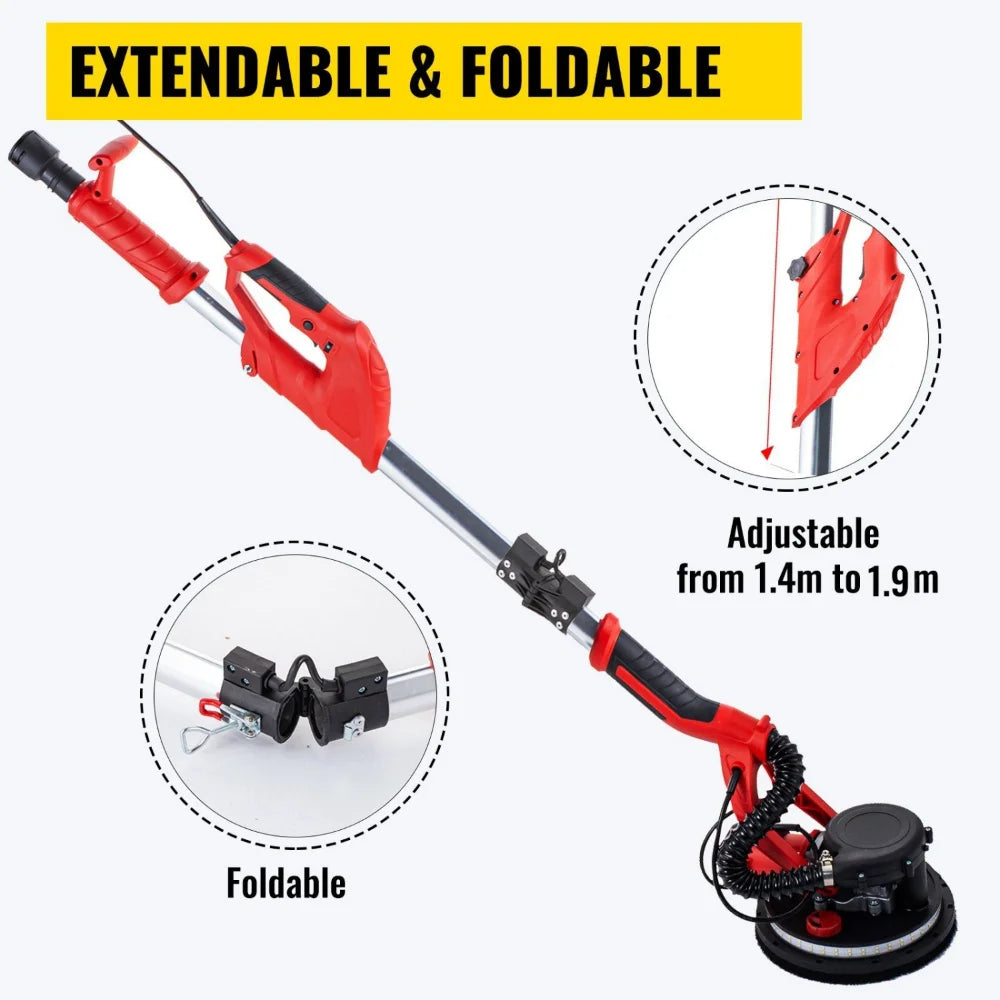 VEVOR Electric Drywall Sander 850W  Variable Speed 800-1750 RPM  Foldable Sheetrock Sander with Telescope Handle  LED Strip Light  Vacuum Bag  Wall Sander for Professional Use